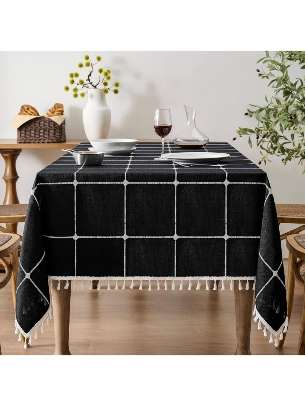 Boho Chic Rectangle Tablecloth with Tassels, Black 60x104in for Dining Decor